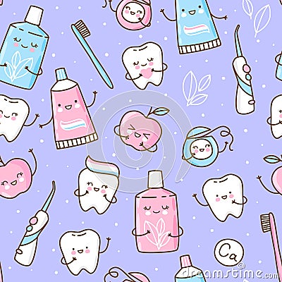 Seamless pattern with cute teeth and objects for dental care on purple background Vector Illustration