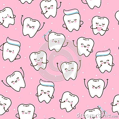 Seamless pattern with cute teeth on pink background - for kid dental design Vector Illustration