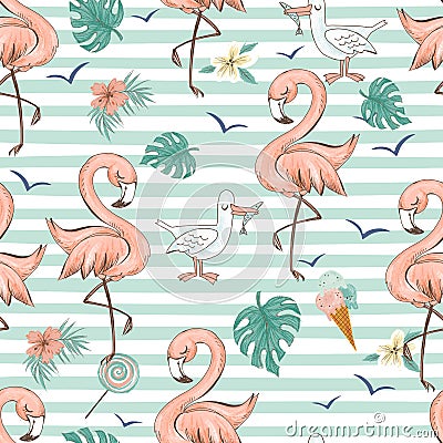 Seamless pattern with cute tropical pink flamingos. Striped background. Stock Photo