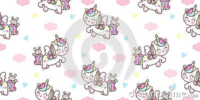 Seamless pattern Cute Unicorn Pegasus vector fly with bunny rabbit friend pony cartoon kawaii animals background pastel heart Vale Vector Illustration