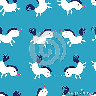 Seamless pattern with cute unicorn vector illustration on blue background. Colorful vector illustration for fabric print, Vector Illustration