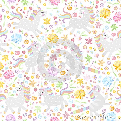 Seamless pattern with cute unicorns and colorful flowers on white background. Vector illustration Vector Illustration