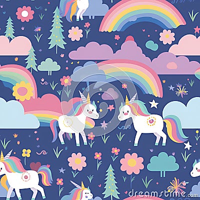 Seamless pattern with cute unicorns, rainbow, clouds and flowers. Stock Photo
