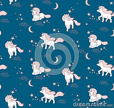 Seamless pattern with cute Unicorns, stars and moon. Vector illustration Vector Illustration