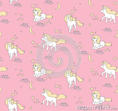 Seamless pattern with cute Unicorns, stars and moon. Vector illustration Vector Illustration