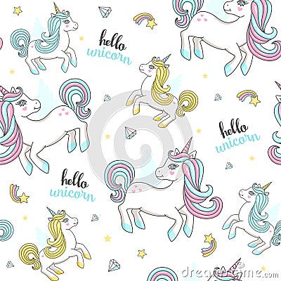 Seamless pattern with cute unicorns. Vector Illustration