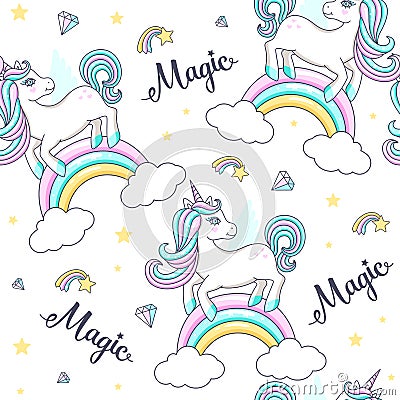 Seamless pattern with cute unicorns. Vector Illustration