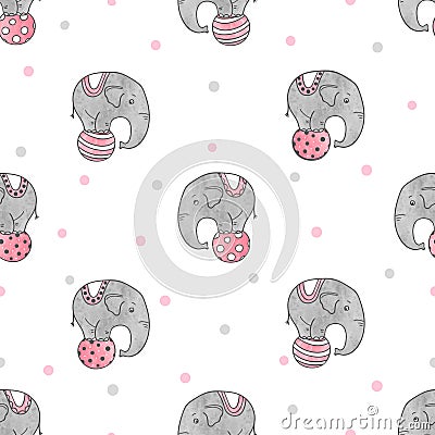 Seamless pattern with cute watercolor circus elephants. Vector Illustration
