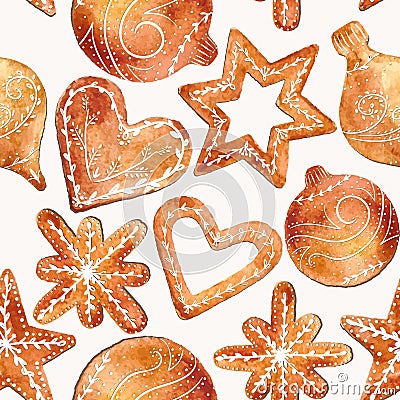 Seamless pattern of cute watercolor gingerbread. Vector Illustration