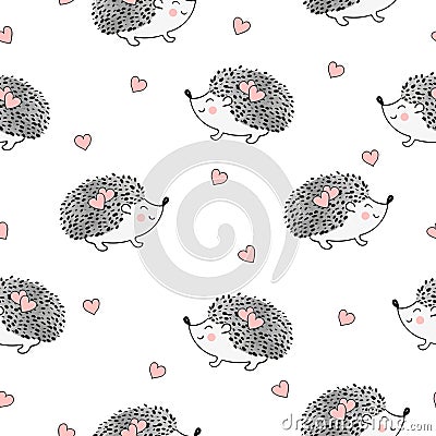 Seamless pattern with cute watercolor hedgehogs and hearts. Vector Illustration