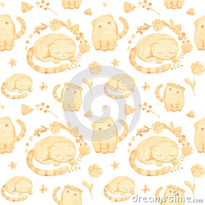 seamless pattern with cute watercolor illustration of cats and stylized flowers Cartoon Illustration