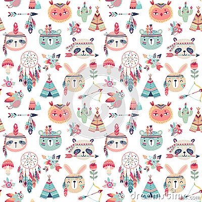 Seamless pattern with Cute Woodland boho tribal pattern, rabbit, owl, sloth, panda,bear. American indian set of Vector Illustration