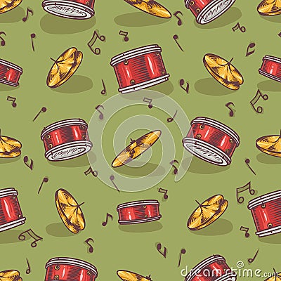 Seamless Pattern with Cymbals and Drums Vector Illustration