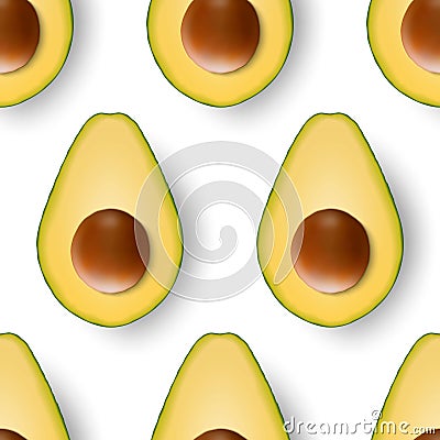 Seamless Pattern with 3d Realistic Cut Half Avocado with Seed Closeup on White Background. Design Template, Food, Health Vector Illustration