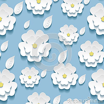 Seamless pattern with 3d white sakura Vector Illustration