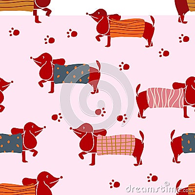 Seamless pattern with dachshund characters wearing knit sweater of various patterns. Vector illustration flat design. Vector Illustration