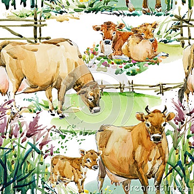Seamless pattern with dairy cows on the glade. watercolor animal hand drawn illustration. Farm animals. Cartoon Illustration
