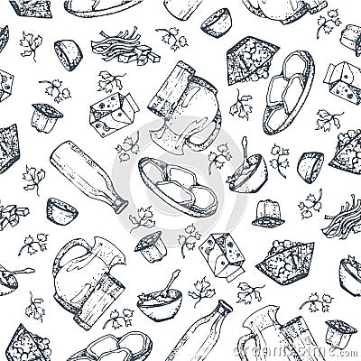 Seamless pattern dairy products, hand drawn, sketches foods. Vector Illustration