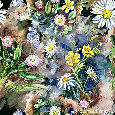 Seamless pattern of daisies, buttercups, butterflies and beetles Cartoon Illustration