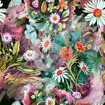 Seamless pattern of daisies, daisies, buttercups, butterflies and beetles, watercolor Cartoon Illustration