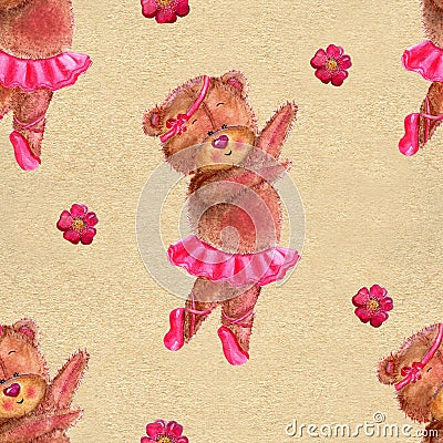 Seamless pattern with dancing bear in ballet tutu Cartoon Illustration