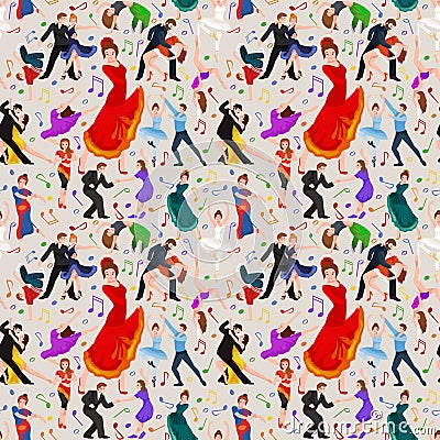 Seamless pattern. Dancing People, Dancer Bachata, Hiphop, Salsa, Indian, Ballet, Strip, Rock and Roll, Break, Flamenco Vector Illustration