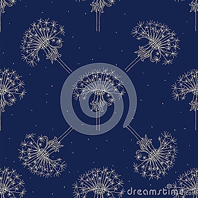 Seamless pattern of dandelions on a navy background. Vector Illustration