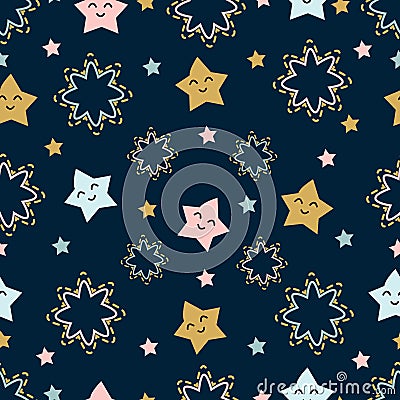 Seamless pattern on a dark background funny stars. Creative original modern kids background with stars and sequins Vector Illustration