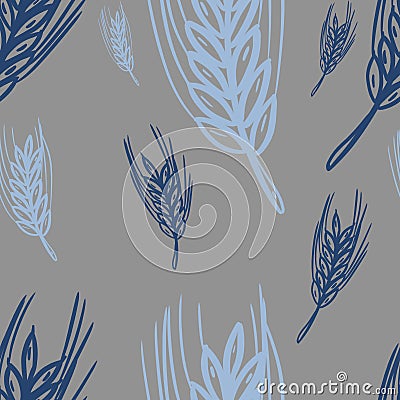 Seamless pattern with dark blue and light blue wheat plants on gray background. Traditional print, bakery design, packaging wallpa Stock Photo