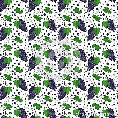 Seamless pattern with dark grapes on branches with berries and leaves. Vector Illustration