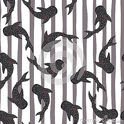 Seamless pattern with dark grey ocean animals silhouettes. Whale shark ornament on striped background Cartoon Illustration