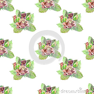 Seamless pattern. Dark rose flowers, green leaves. Flower poster, invitation. Watercolor compositions for greeting card or Stock Photo