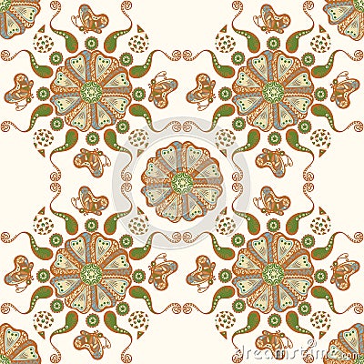 Seamless pattern with deco flowers and butterfly for a fabric or surface, tile, ornamental motif Vector Illustration