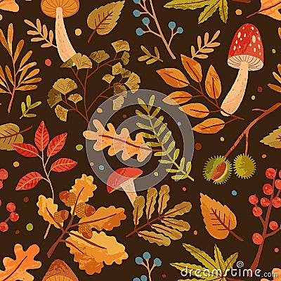 Seamless pattern decorated with autumn leaves, forest mushrooms and tree branches. Repeatable seasonal background with Vector Illustration