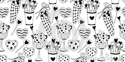 Doodle seamless pattern decorated with desserts, candies, sweets. Vector Illustration
