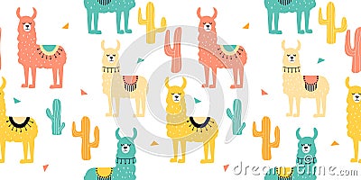 Seamless pattern with decorated lamas in poncho and cactus. Trendy cartoon print. Vector Illustration