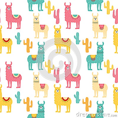 Seamless pattern with decorated lamas in poncho and cactus. Trendy cartoon print. Vector Illustration