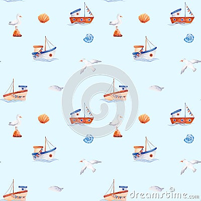 Seamless pattern for decoration design with sailboat, seagull and shell, marina style. Stock Photo