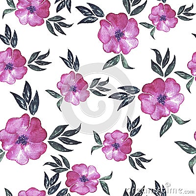 Seamless pattern with decorative abstract pink flowers. Watercolor illustration. Cartoon Illustration