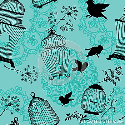 Seamless pattern with decorative bird cage black Silhouettes Vector Illustration