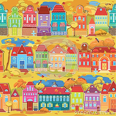 Seamless pattern with decorative colorful houses, fall or autumn Vector Illustration