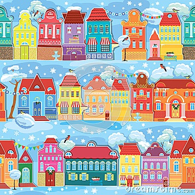 Seamless pattern with decorative colorful houses in winter time. Vector Illustration