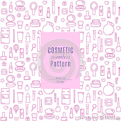 Seamless Pattern With Makeup Products and Cosmetics Icons Vector Illustration