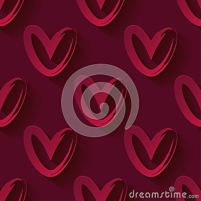 Seamless pattern with decorative red 3D hearts. Red hearts on a red background. Valentine`s day. Vector illustration. Cartoon Illustration