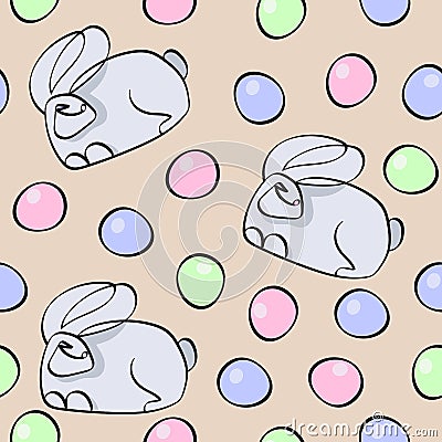 Seamless pattern dedicated to Easter with the image of rabbits and painted eggs. Colorful illustration. Vector Illustration