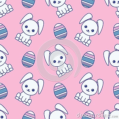 Seamless pattern dedicated to Easter with the image of rabbits and painted eggs. Colorful illustration. Vector Illustration