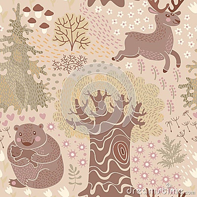 Seamless pattern with deer, bears in the woods. Cartoon Illustration