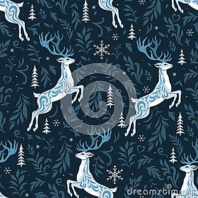Seamless pattern with deer and frost patterns. Vector graphics Vector Illustration