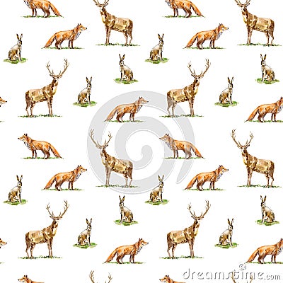 Seamless pattern of a deer, hare and fox.Forest animals. Cartoon Illustration