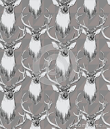 Seamless pattern with deer heads. Hand drawn Vector Illustration